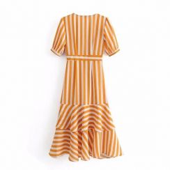 Pleated Waist Vintage Deep V Neck Striped Dress